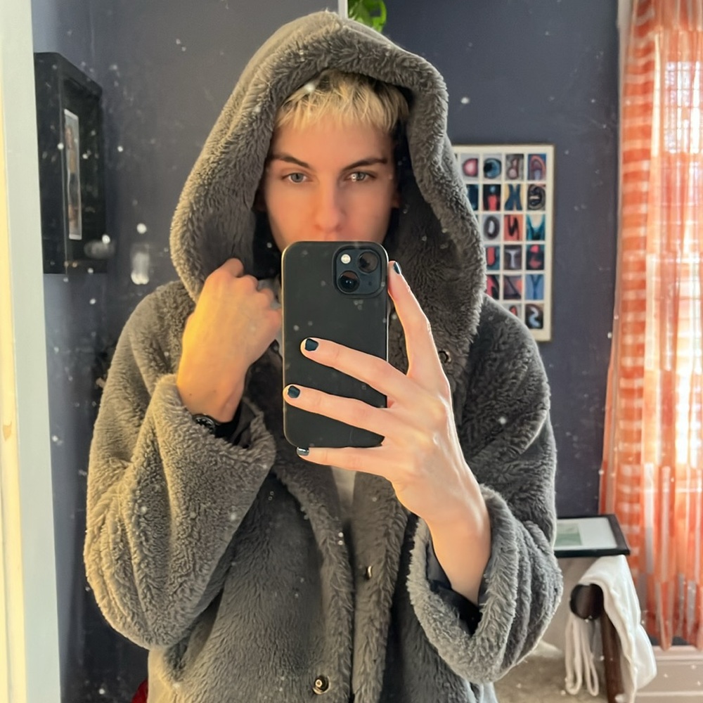 Fuzzy Grey Teddy Hooded Sweater Jacket Size XS